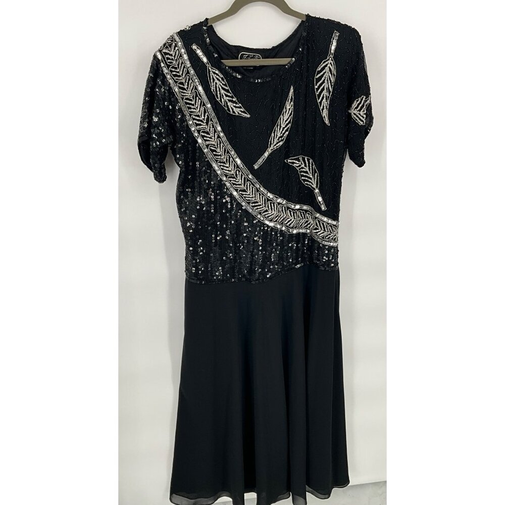 J.L.B. Womens Black Pure Silk Sequin & Beaded Dress With Leaf Pattern Large
